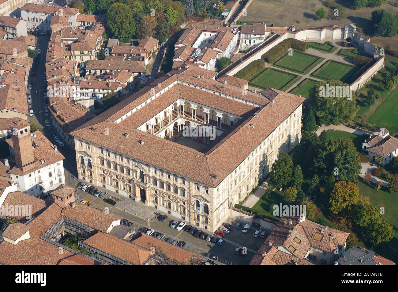 AERIAL VIEW. The Almo Collegio Borromeo; a private historic university. Pavia, Lombardy, Italy. Stock Photo