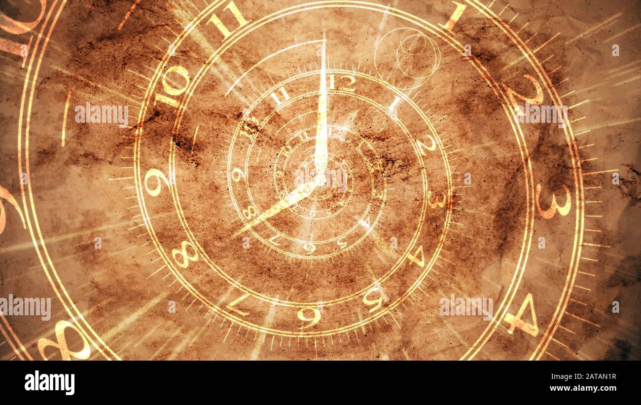 Impressive 3d illustration of old spiral clock with golden Arabic numbers written on a light brown pergament. It reminds about life events moving alon Stock Photo