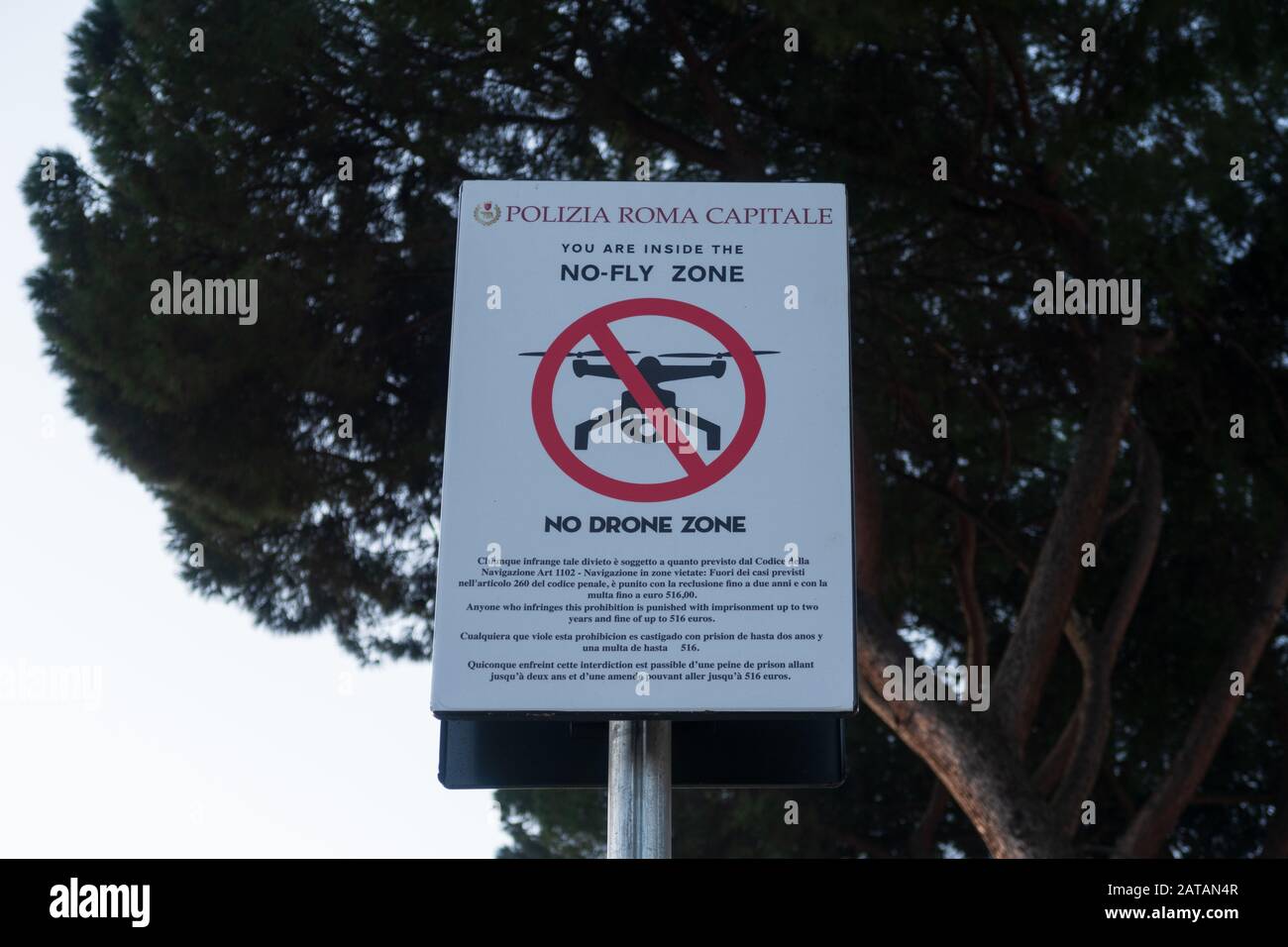 Rome, Italy - Jan 2, 2020: Drone no fly zone sign near to the Altar of the Fatherland in Rome, Italy Stock Photo