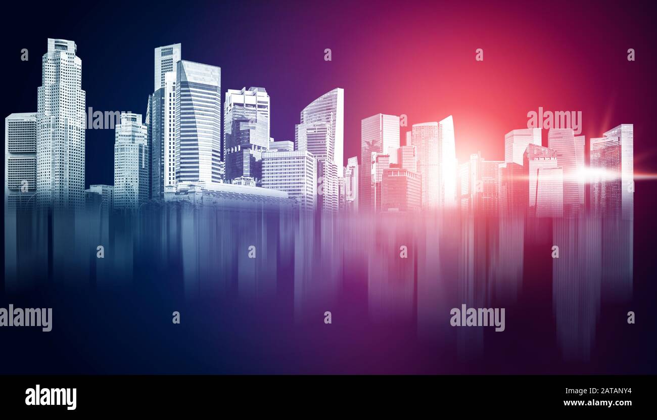 Abstract city building skyline metropolitan area in contemporary color style and futuristic effects. Real estate and property development. Innovative Stock Photo
