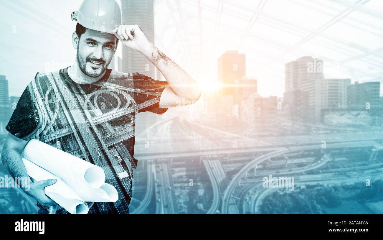 Future building construction engineering project concept with double