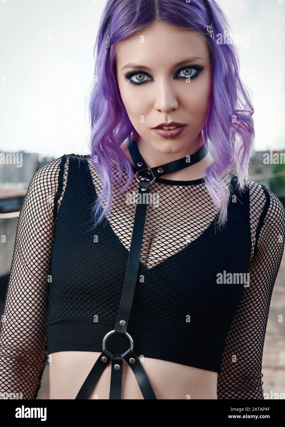 Portrait of the beautiful gothic girl. Pastel goth with violet (purple)  hair Stock Photo - Alamy