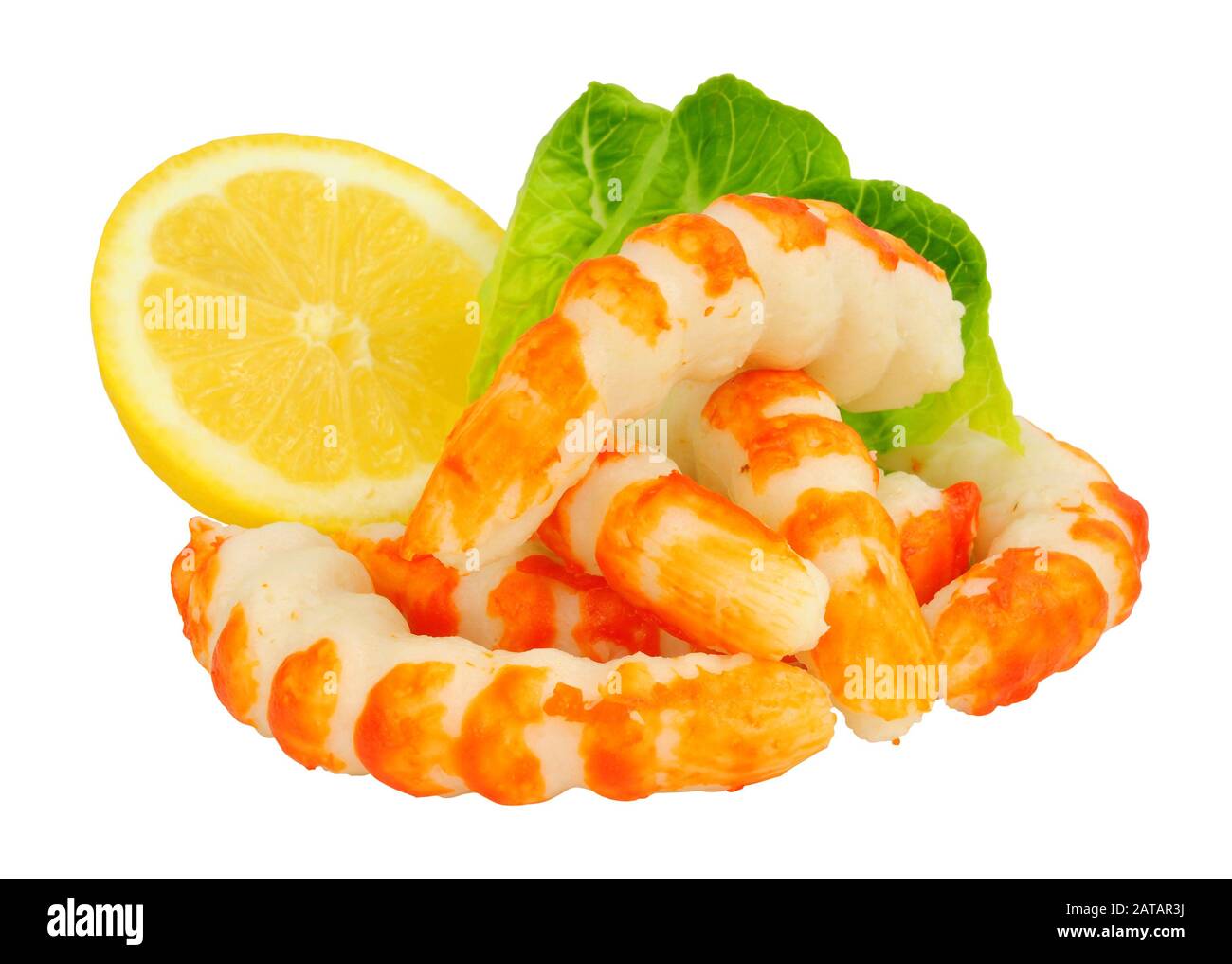 Fish protein surimi formed into prawn shapes isolated on a white