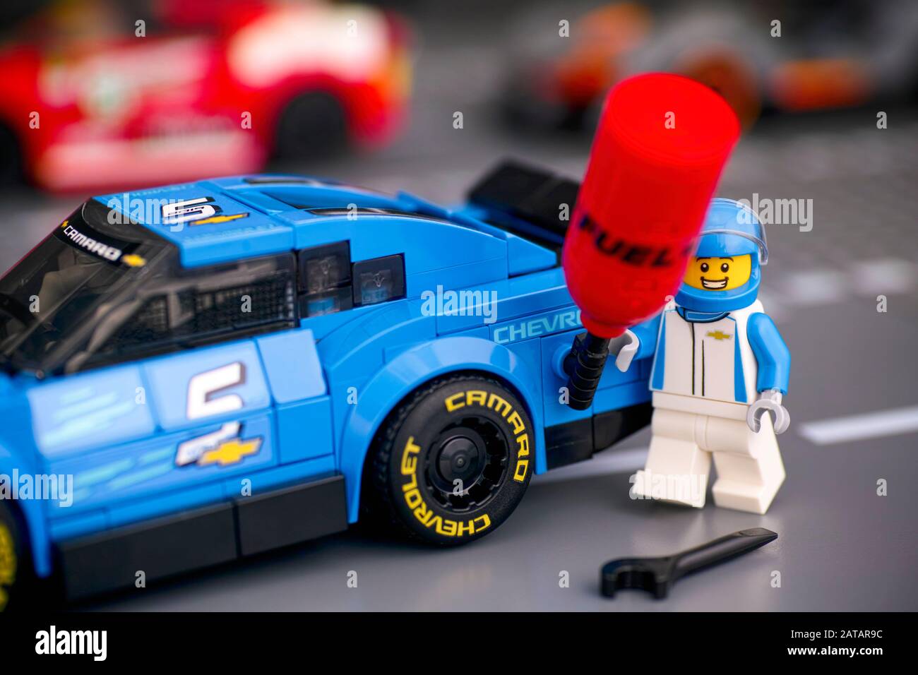 Tambov, Russian Federation - January 10, 2020 Lego Chevrolet Camaro ZL1  race car and driver minifigure with fuel canister by LEGO Speed Champions  on r Stock Photo - Alamy