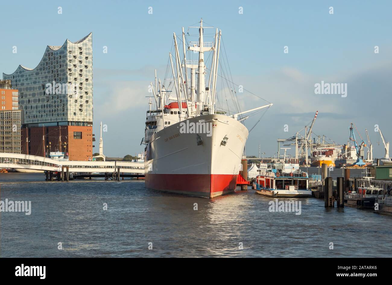 The Cap San Diego is a museum ship with a berth at the Überseebrücke in the port of Hamburg. Stock Photo