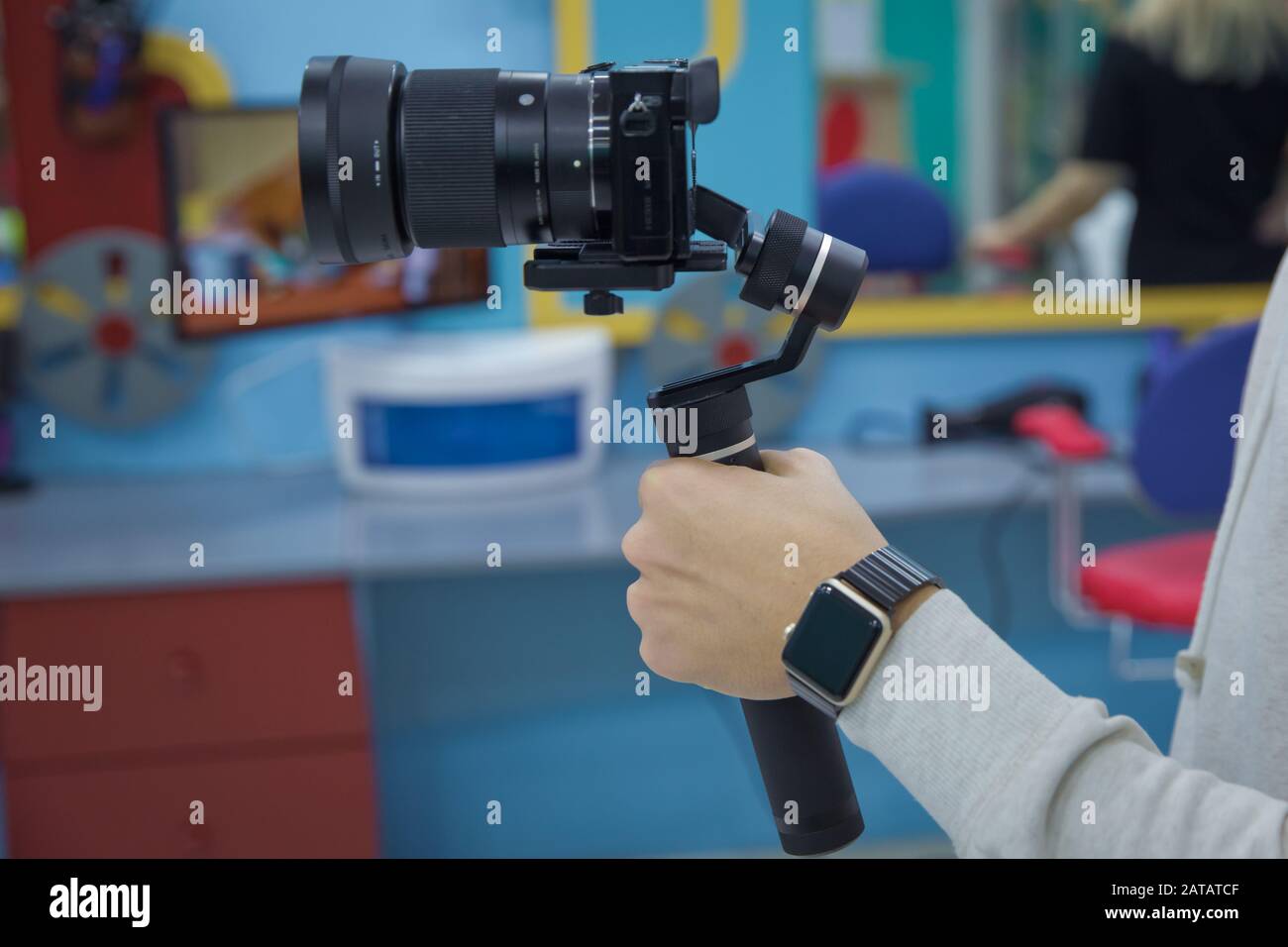 Focus on tripod mounted camera screen showing . Digital equipment recording video . Close up