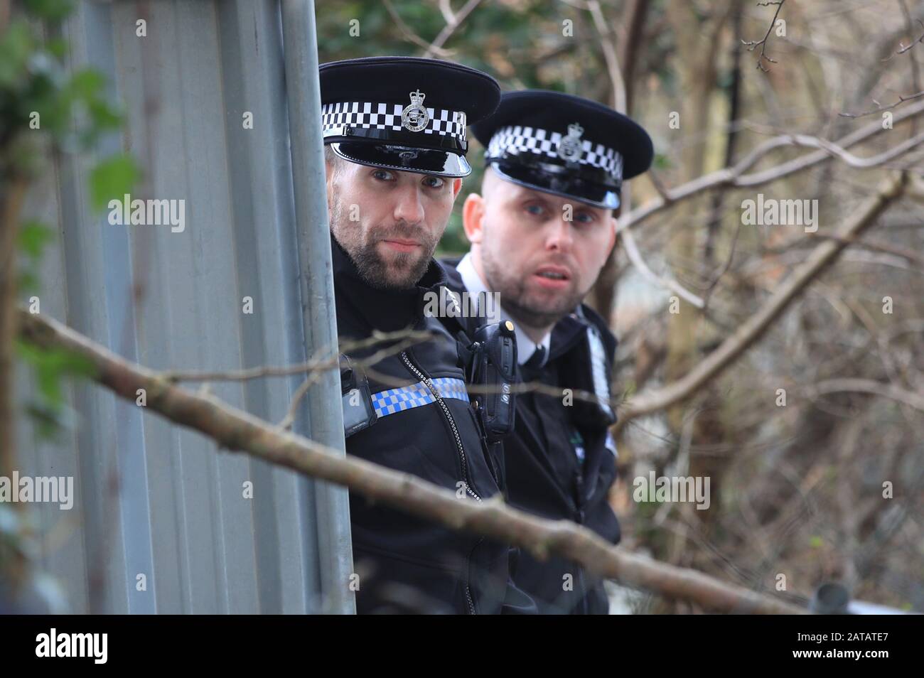 Police officers patrol at Arrowe Park Hospital in Merseyside, outside the block where British nationals from the coronavirus-hit city of Wuhan in China are being quarantined. Stock Photo