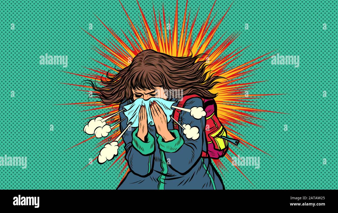 Woman sneezes, symptoms of the disease. Novel Wuhan coronavirus 2019-nCoV epidemic outbreak Stock Vector