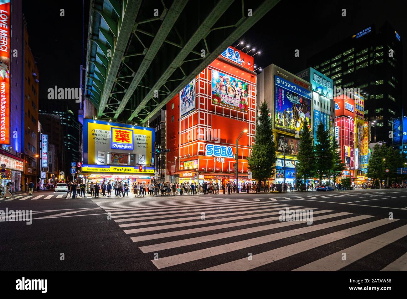 Tokyo, Japan, August 13, 2019 – Scenic crosswalk in Akihabara district at night, with many electronics shops lined along the street Stock Photo