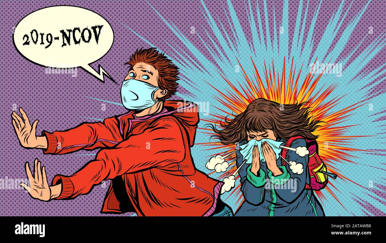 Panic. The young man is afraid of a sneezing sick girl. Novel Wuhan coronavirus 2019-nCoV epidemic outbreak Stock Vector