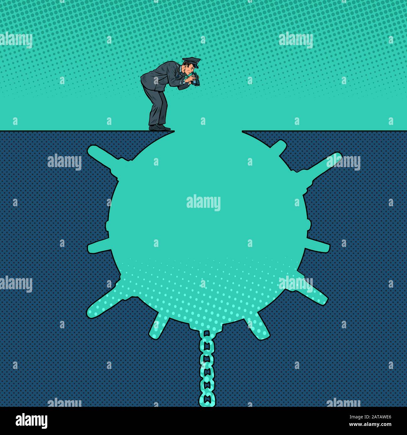 Man next to a deep pit silhouette Stock Vector