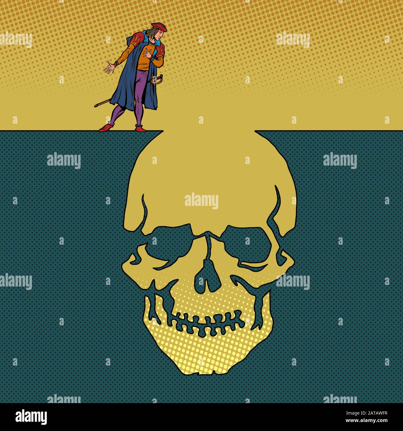 hamlet and the skull. Man next to a deep pit silhouette Stock Vector