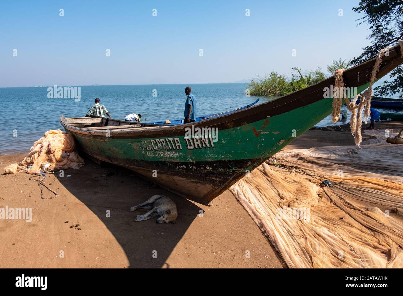 A fishing boat stands  on the beach on the Kenyan side of Lake Victoria. Stock Photo