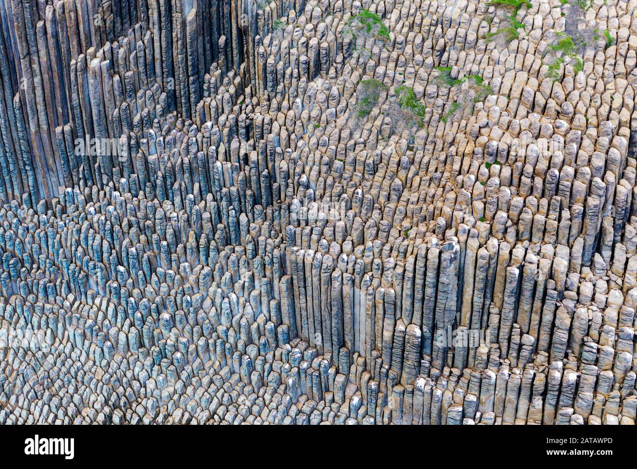 Basalt rock massif Los Organos, Organ Pipes rock, near Vallehermoso, aerial view, La Gomera, Canary Islands, Spain Stock Photo