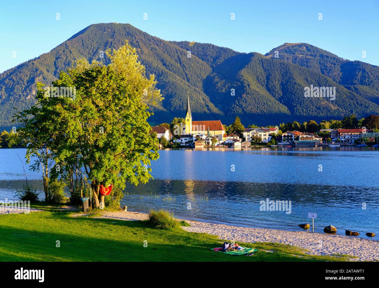 Bathing beach on the Point peninsula, Rottach-Egern on Lake Tegernsee ...