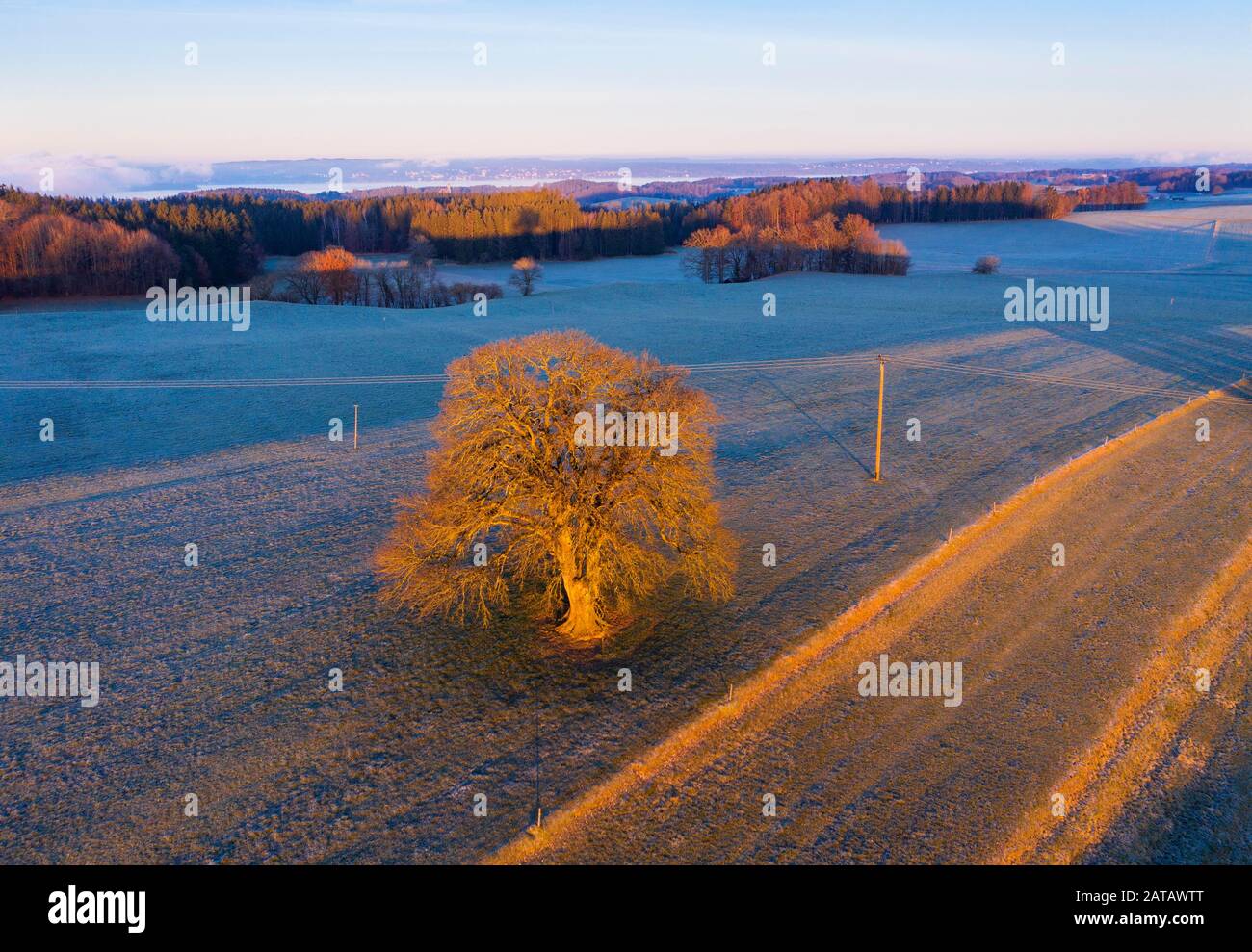 Cultural landscape at sunrise, near Eurasburg, drone shot, Upper Bavaria, Bavaria, Germany Stock Photo