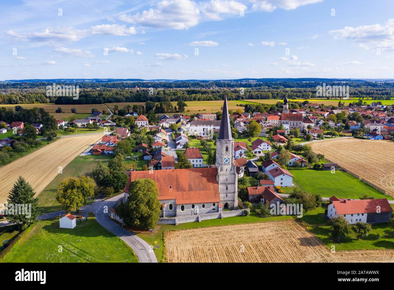 Pilgrimage Church of St. Leonhard, Aigen am Inn, aerial view, Lower Bavarian Baths Triangle, Lower Bavaria, Bavaria, Germany Stock Photo