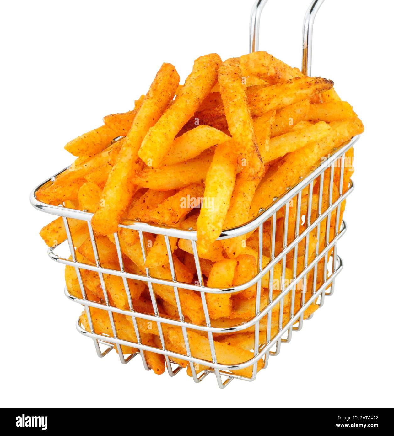 French fries in a small wire frying basket isolated on a white