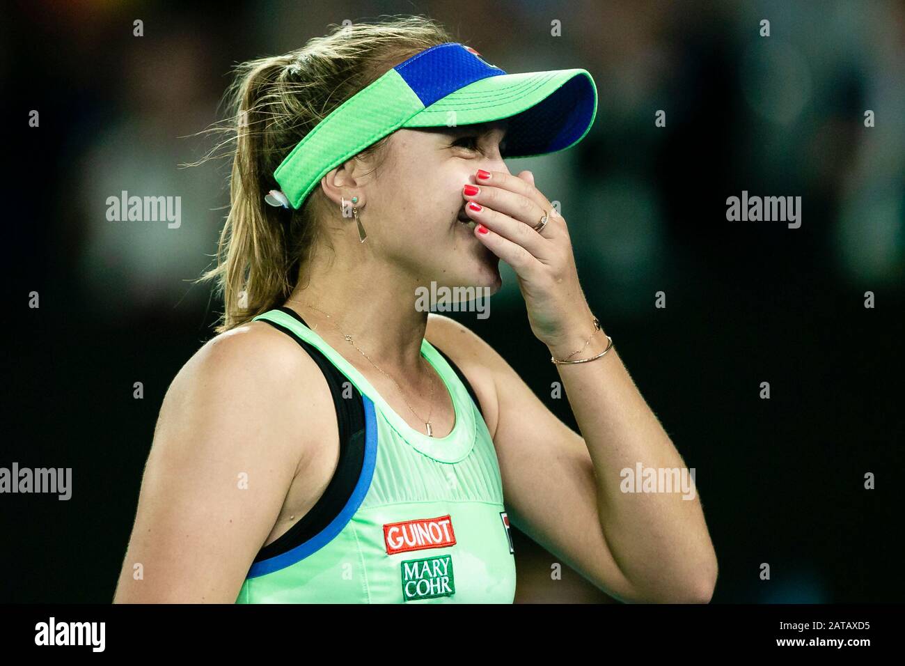 Melbourne, Australia. 2nd Feb, 2020. Sofia Kenin cheers after her first