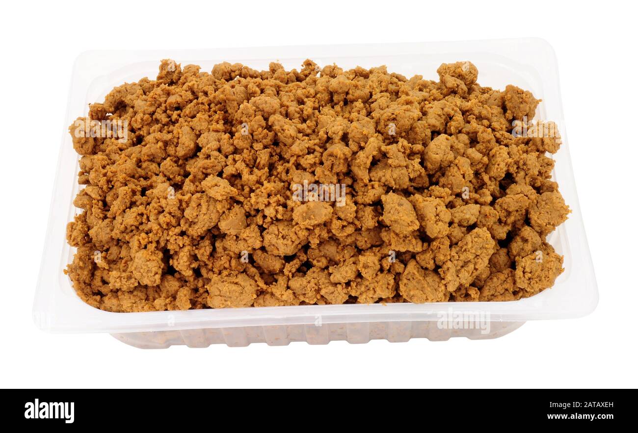 Tray of Mycroprotein fungus meat mince substitute made from fermented