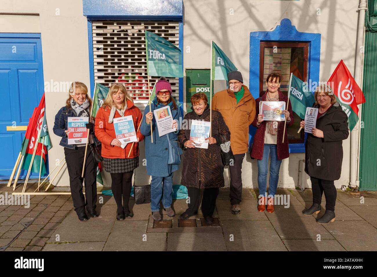 Cork, Ireland. 1st Feb, 2020. Justice for Community Employment Officers Protest, Blackpool, Cork City. (LToR) Catherine Cummins, Patricia Whelan, Patricia Sahbani, Sheila Scholl, Mick Barry (People Before Profit and Solidarity), Meabh Fitzgerald, Angela O Leary (Wife of Former Lord Mayor Chris O Leary) Today a small group of Community Employment Offices gathered outside the office of Colm Burke to protest the failure of the govermnent to implement a Labour Court recommendation regarding their right to a pension. Credit: Damian Coleman/Alamy Live News Stock Photo