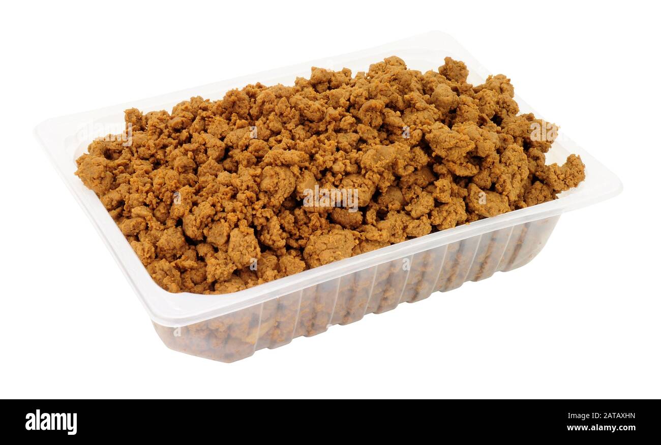 Tray of Mycroprotein fungus meat mince substitute made from fermented