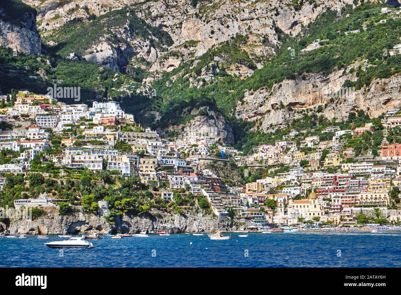 View of Positano on the italian Amalfi Coast from the sea Stock Photo
