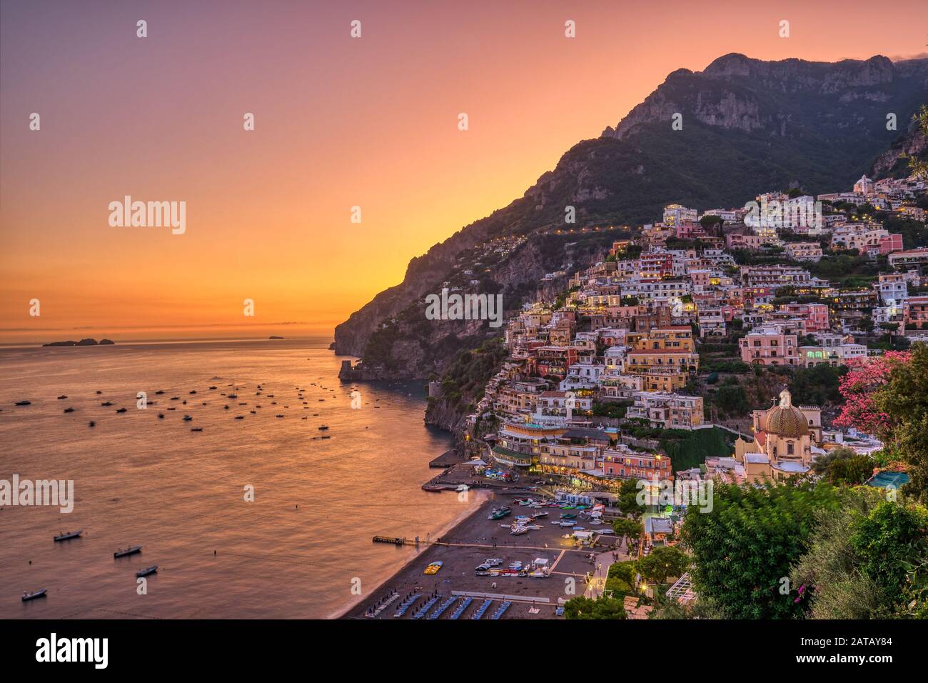 The famous village of Positano on the italian Amalfi coast after sunset Stock Photo