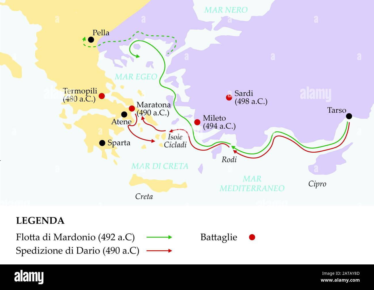 Mappa grecia antica raffigurante le batteglie e principali tappe delle Guerre Persiane. Stock Photo