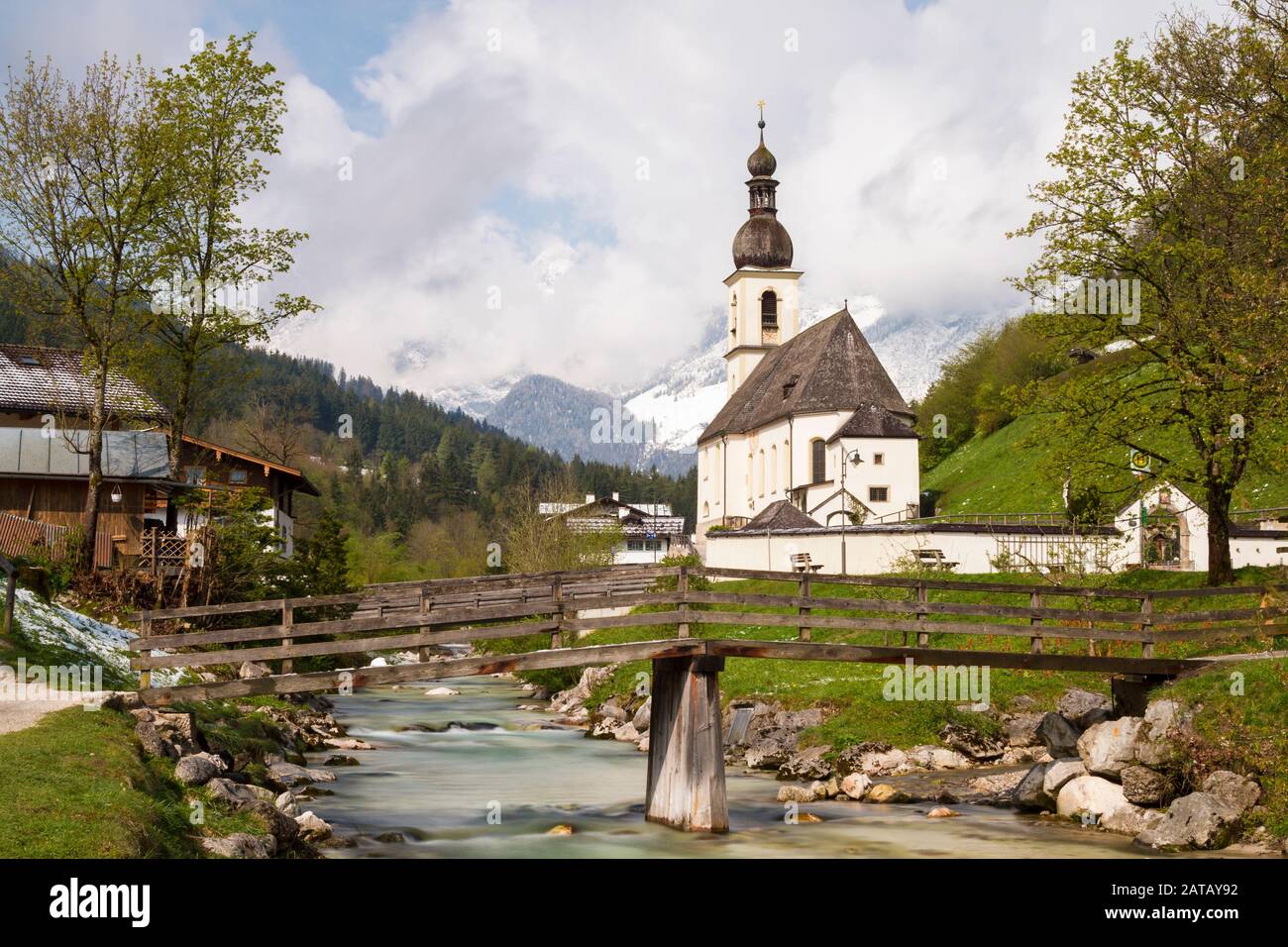 Famous view of the church of Ramsau  - Long exposure version, Bavaria, Germany Stock Photo