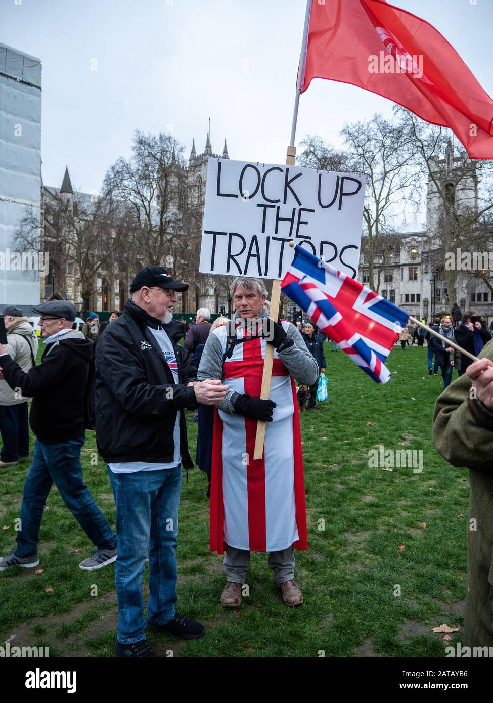 Brexit day 31st Jan 2020 and people congregate in Parliament square, London, England Stock Photo