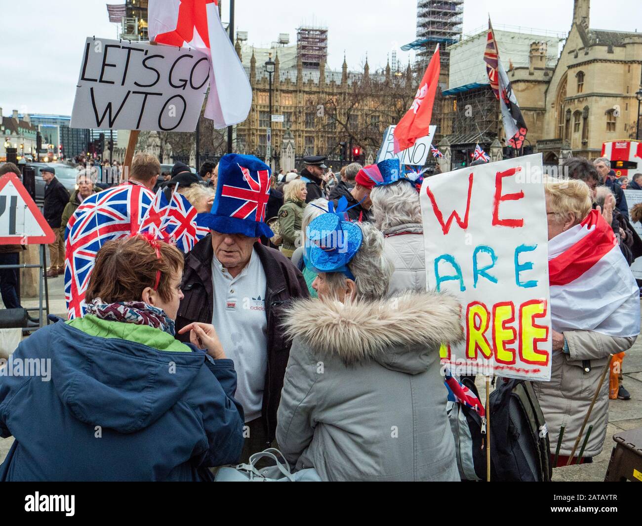 Brexit day 31st Jan 2020 and people congregate in Parliament square, London, England Stock Photo