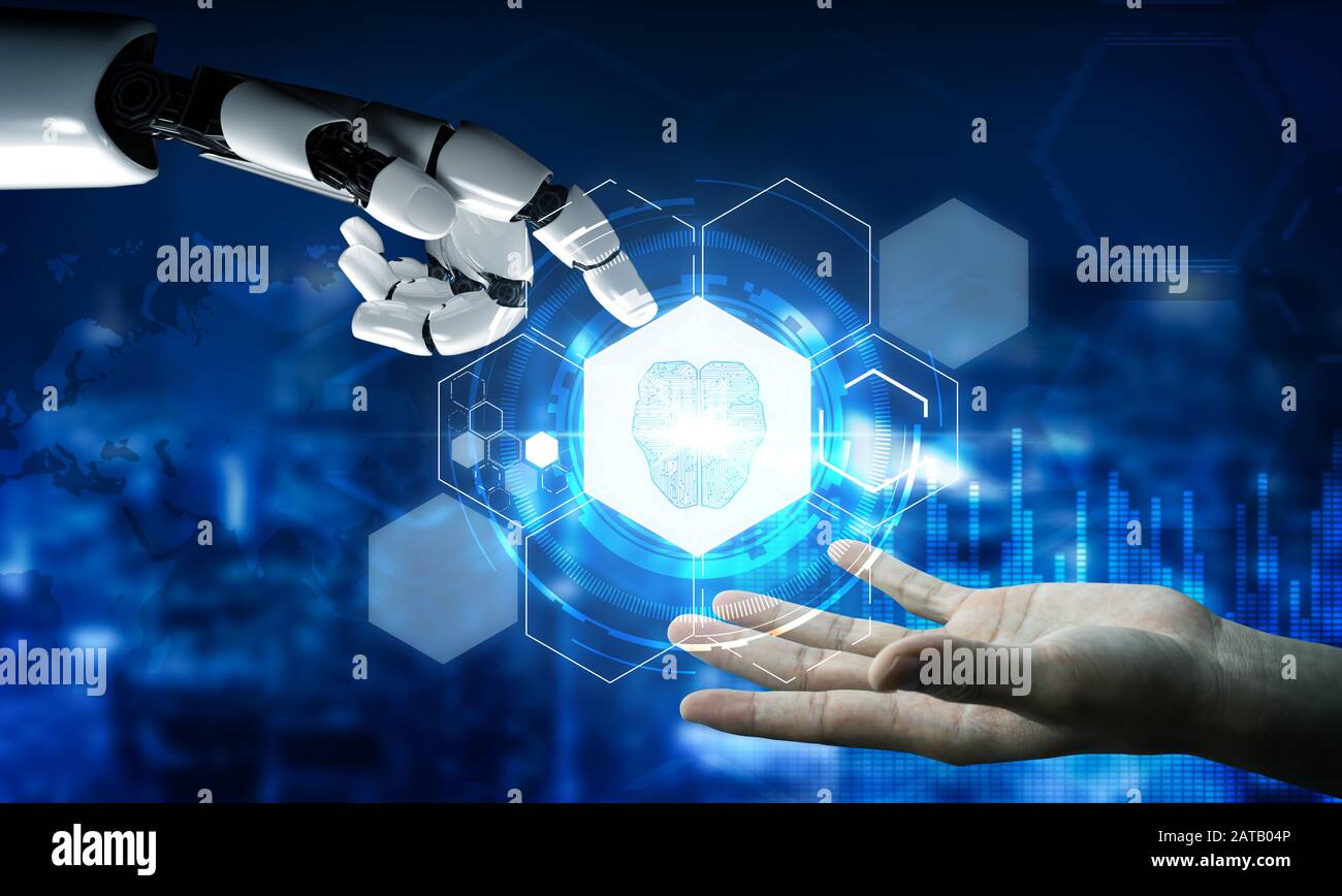Futuristic robot technology development, artificial intelligence AI, and machine learning concept. Global robotic bionic science research for future o Stock Photo