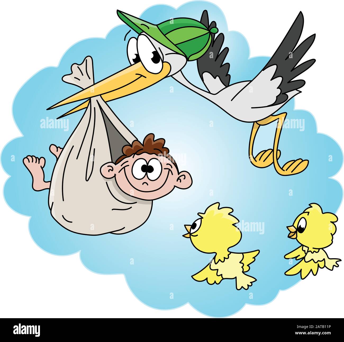 Cartoon stork carrying the newborn baby vector illustration Stock Vector