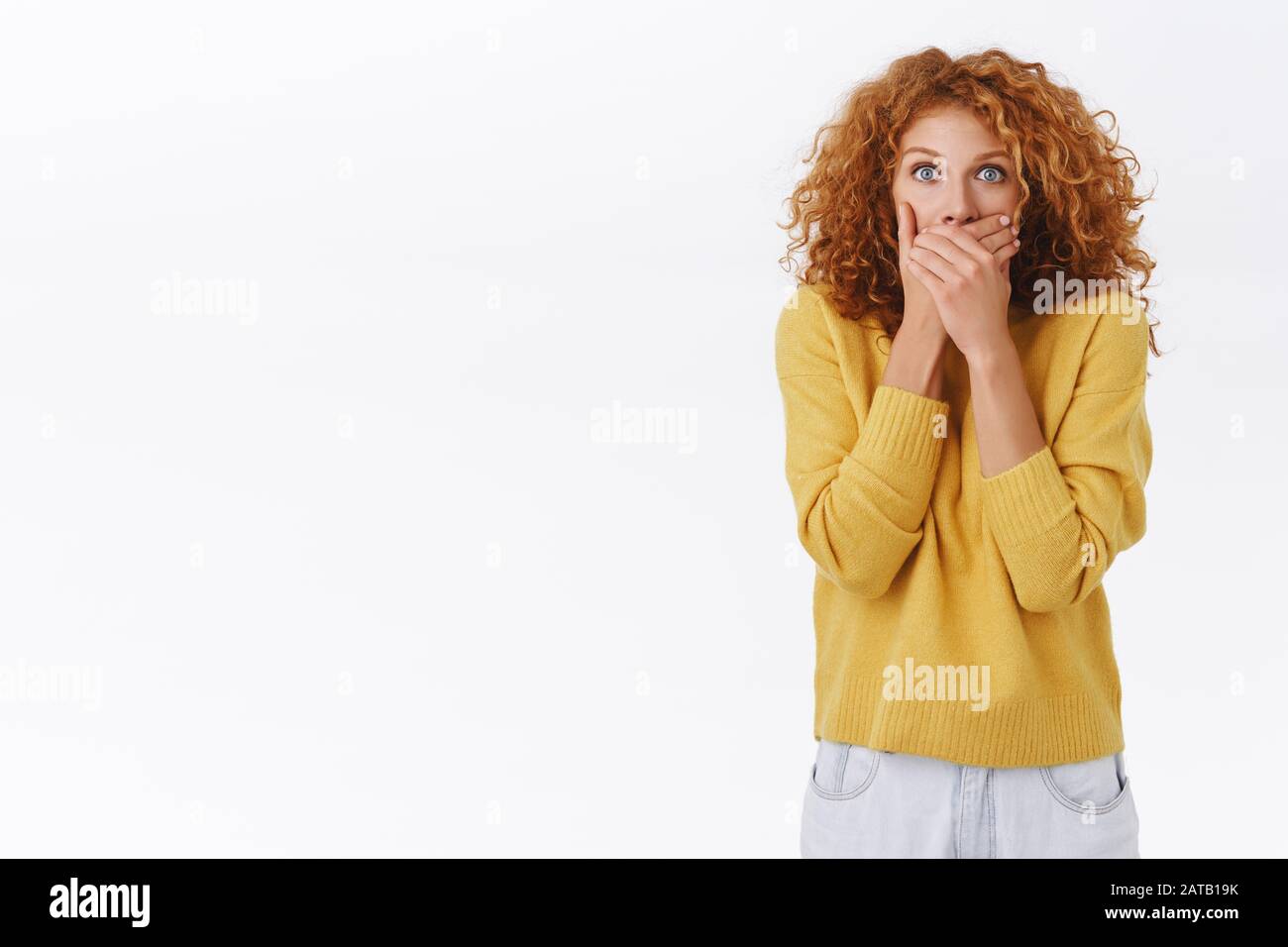 Shocked Speechless Attractive Redhead Curly Woman In Yellow Sweater Gasping Shut Mouth Press 1569