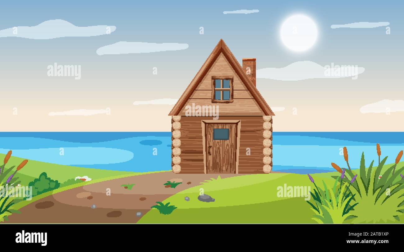 Scene with wooden hut by the lake illustration Stock Vector Image & Art ...