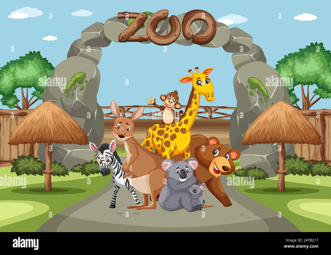 Scene with wild animals in the zoo at day time illustration Stock ...