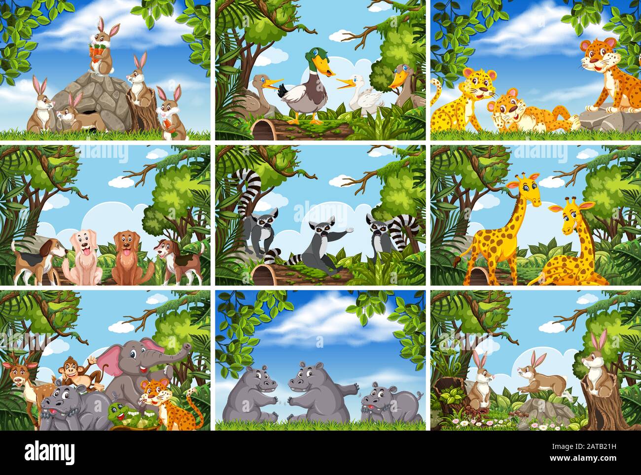 Set of various animals in nature scenes illustration Stock Vector