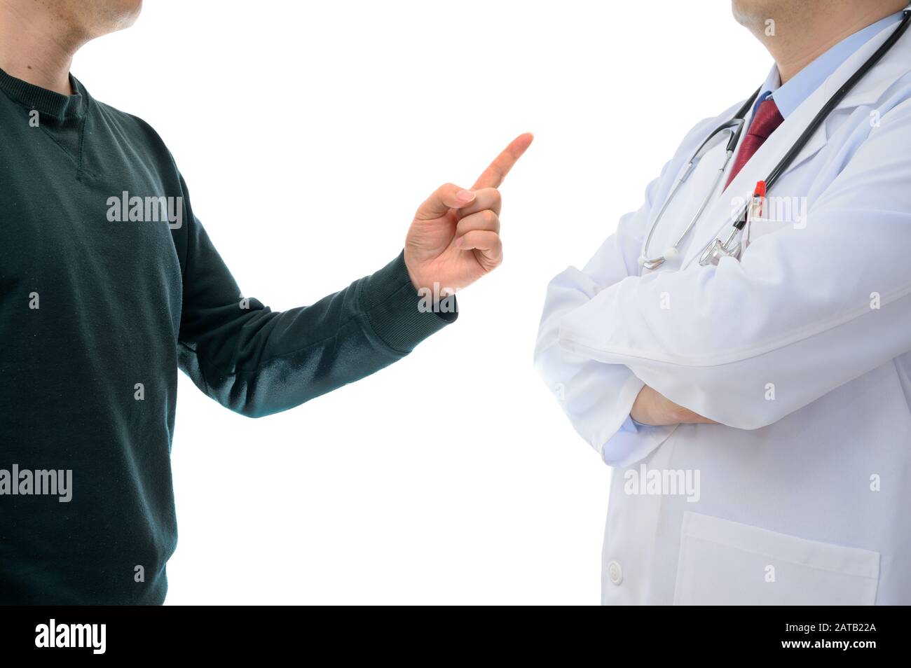 Patients protesting to the doctor. Medical dispute concept Stock Photo