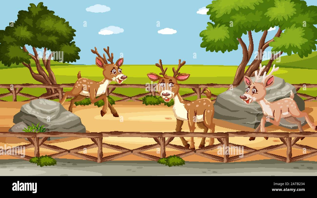 Scene with wild animals in the zoo at day time illustration Stock ...