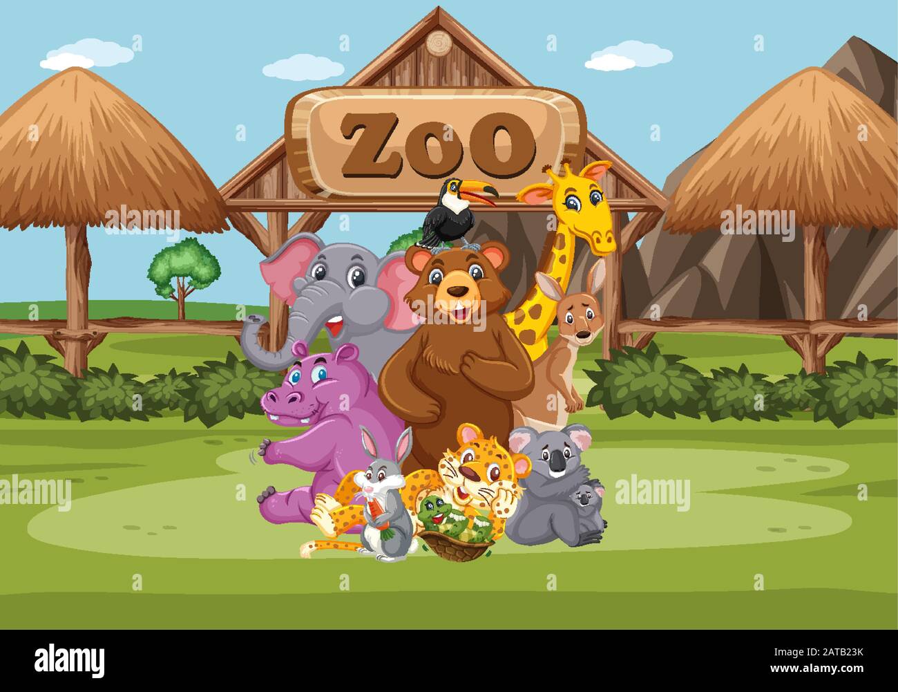 Scene with wild animals in the zoo at day time illustration Stock ...