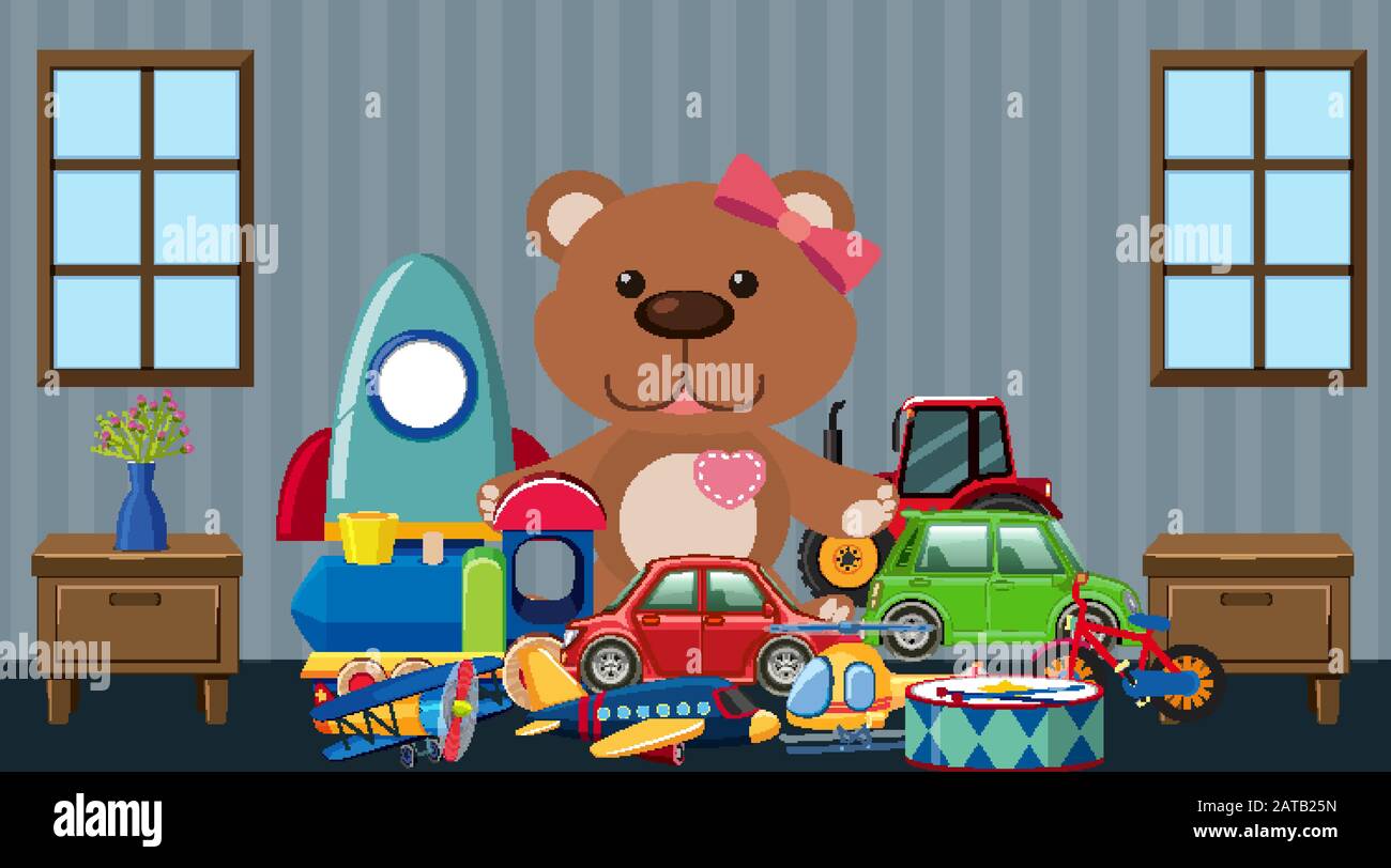 Scene with many cute toys on the floor illustration Stock Vector Image ...