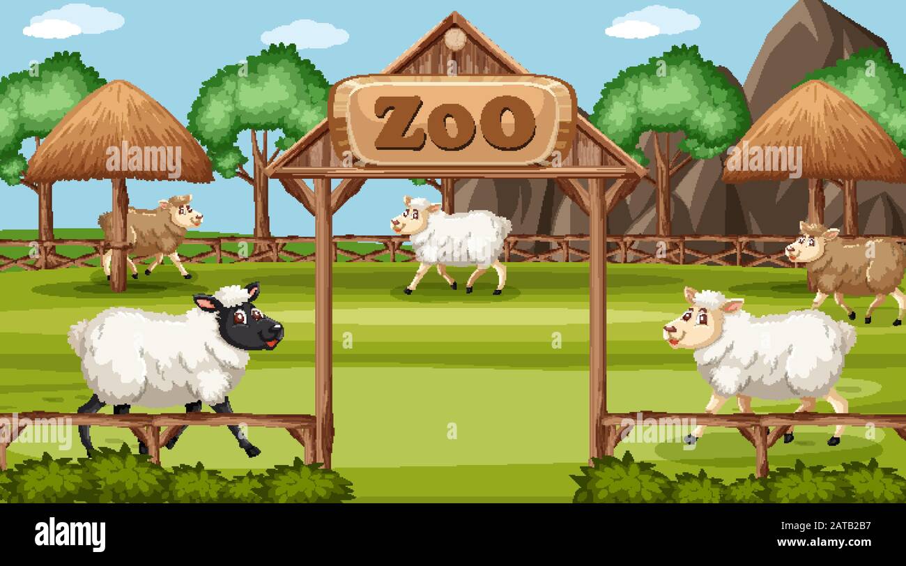 Scene with wild animals in the zoo at day time illustration Stock ...