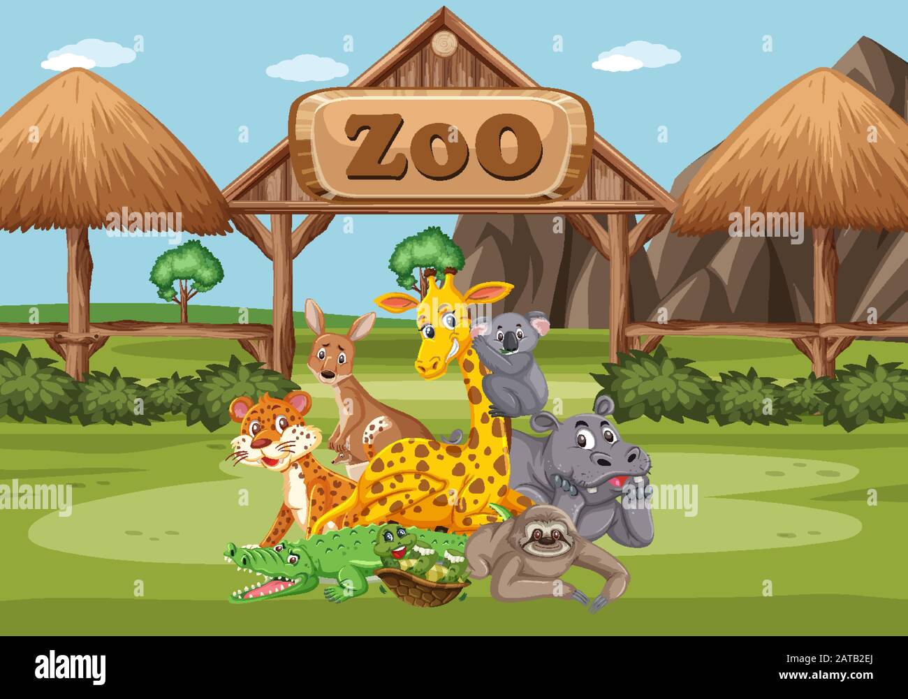 Scene with wild animals in the zoo at day time illustration Stock ...