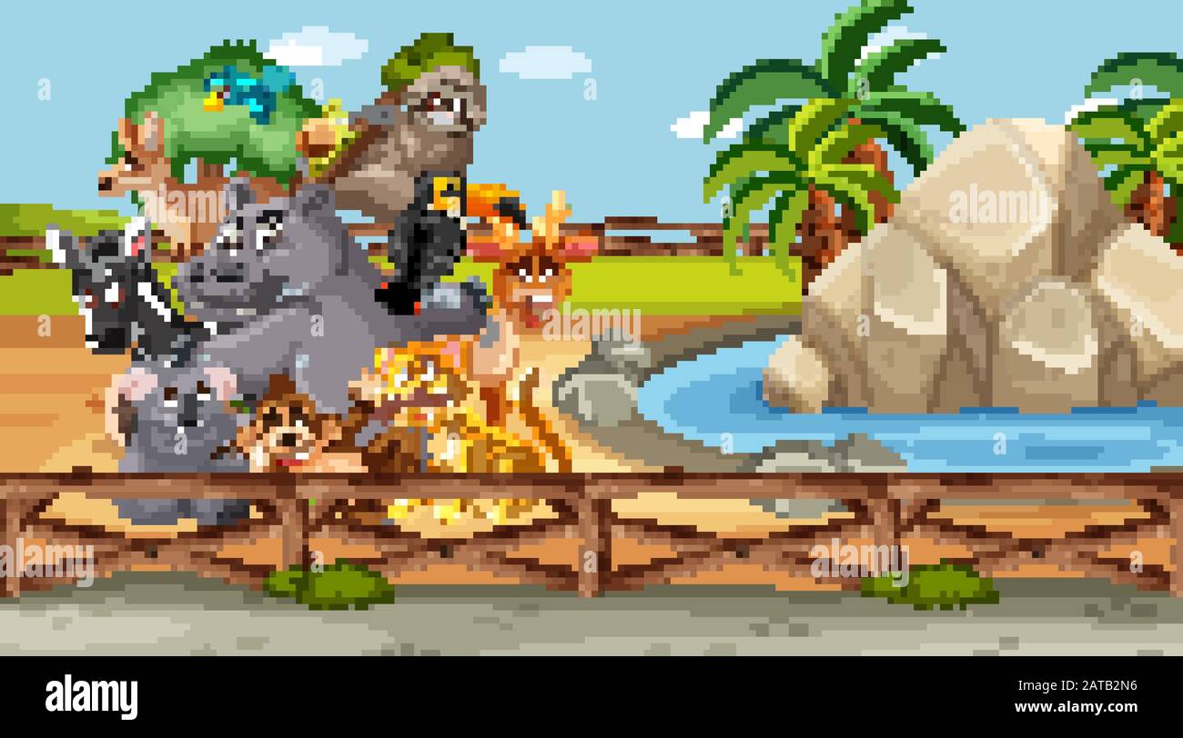 Scene with wild animals in the zoo at day time illustration Stock ...