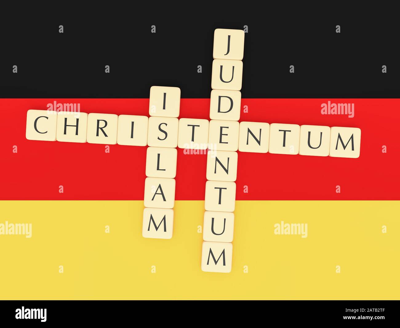 Religion In Germany Concept: Letter Tiles Creating The German Words Islam, Judentum (Judaism), Christentum (Christianity), 3d illustration Stock Photo