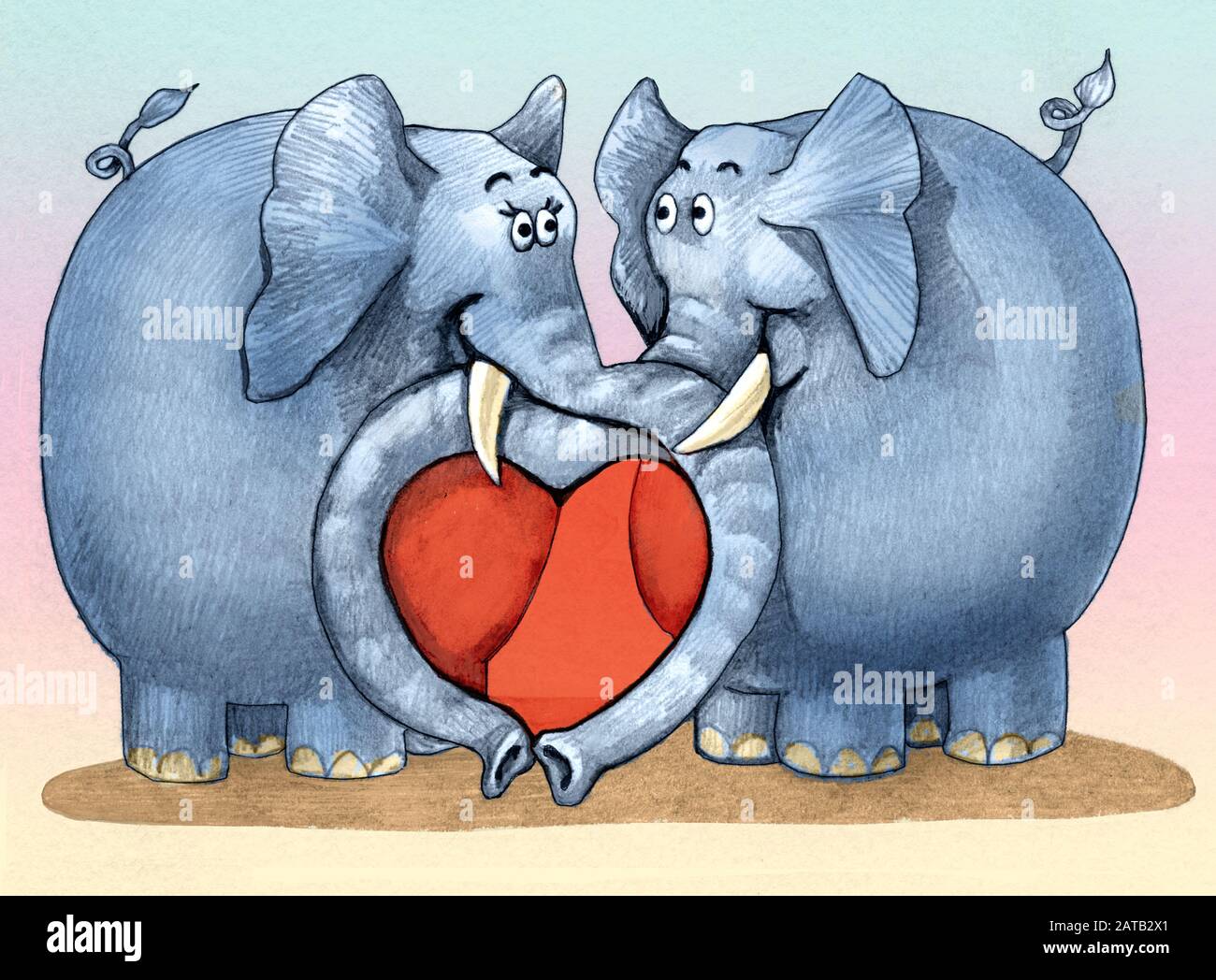 elephants cross proboscis and form a heart have eyes in love have eyes in love romantic fun illustration Stock Photo