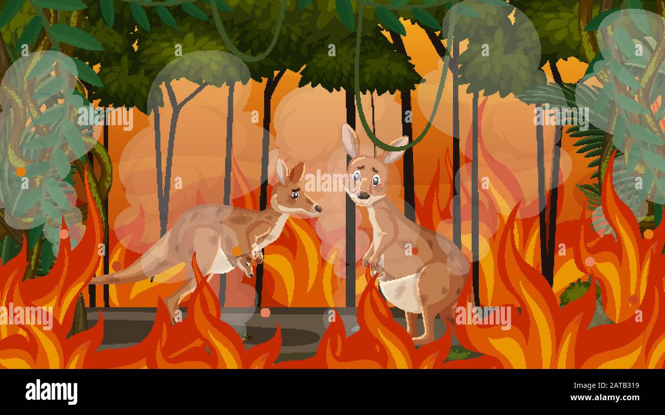 Scene with big wildfire with animal trapped in the forest illustration Stock Vector
