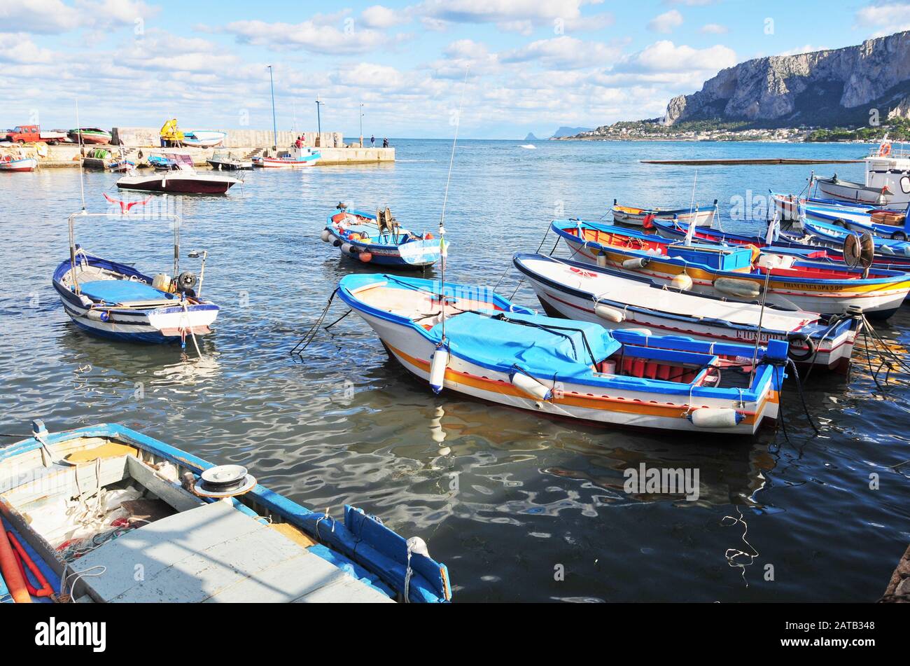 Sicily, Palermo, Mondello: Harbour at Mondello Beach, Palermo Province, in the Autumn Sunshine. Stock Photo