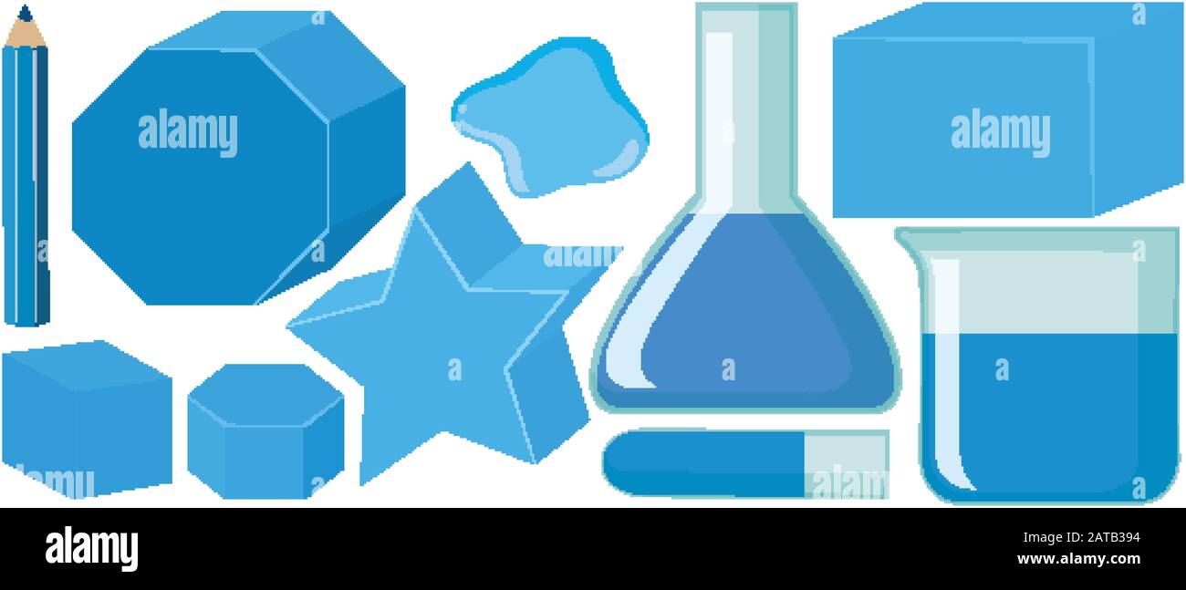 Set of geometric shapes and containers in blue illustration Stock ...